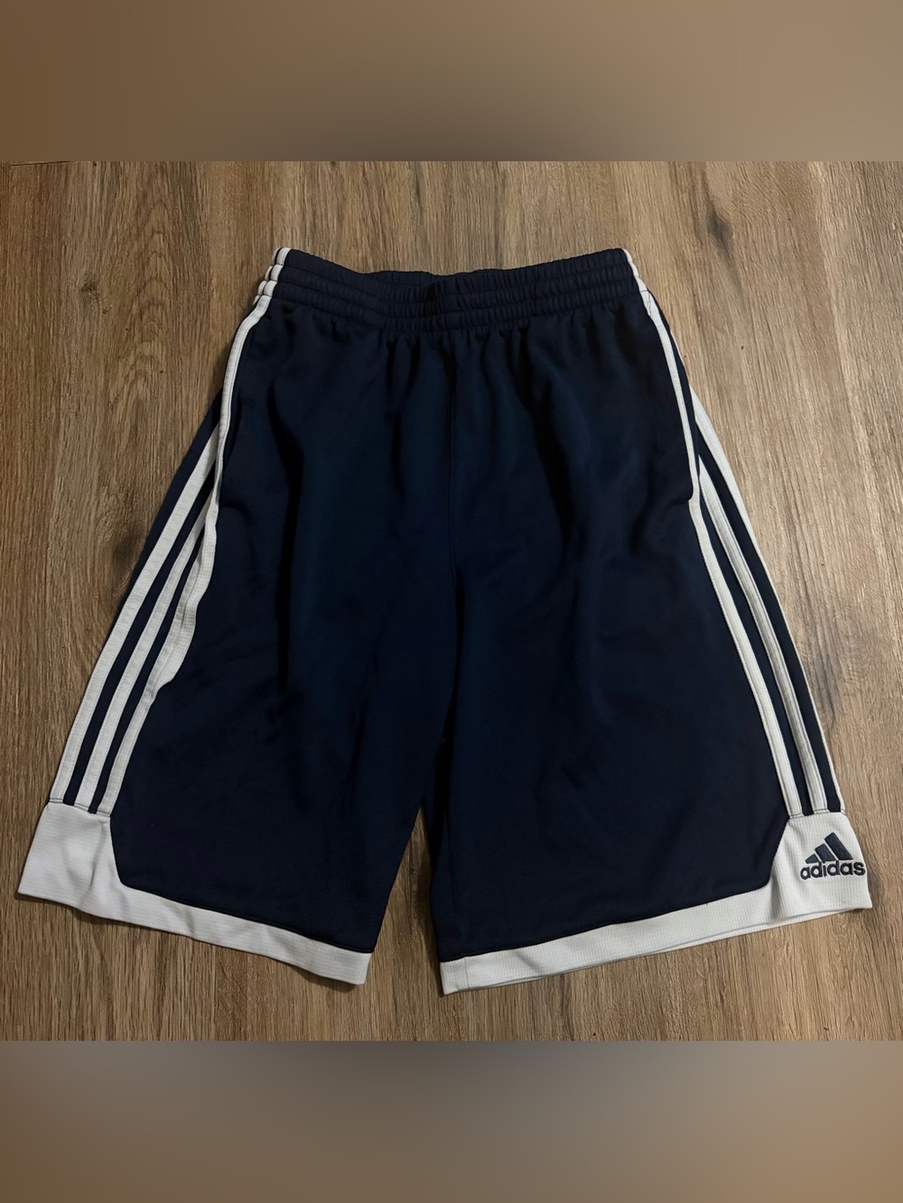Adidas - Navy and White Logo Athletic Shorts - Size 14/16